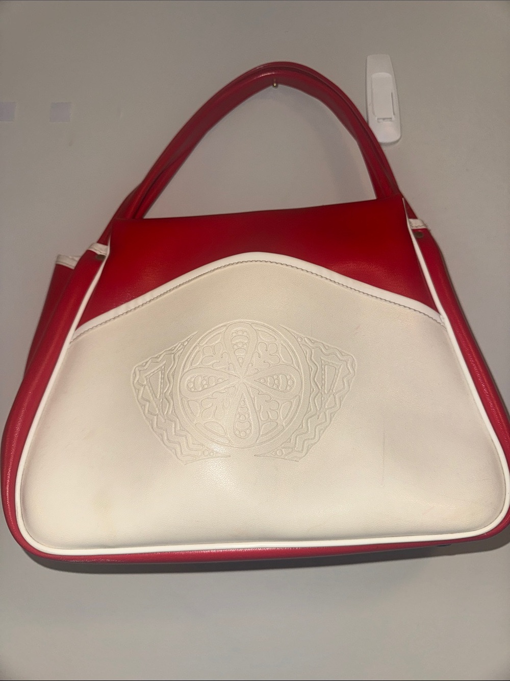 Red and Cream Women's Shoulder Bag with Embossed Front